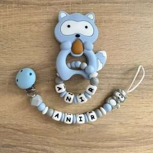 Ensemble : attache tétine et anneau de dentition personnalisés #011 raton laveur bleu