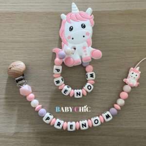 Ensemble : attache tétine et anneau de dentition personnalisés #005 Licorne