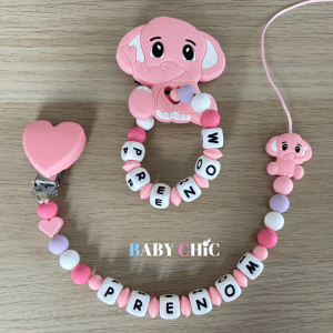 Ensemble : attache tétine et anneau de dentition personnalisés #038 éléphant rose