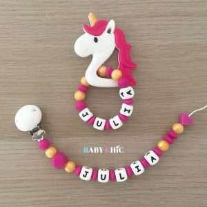 Ensemble : attache tétine et anneau de dentition personnalisés #040 licorne