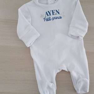 Grenouillère velours blanc cassé AYEN écriture bleu nuit 0-1 mois